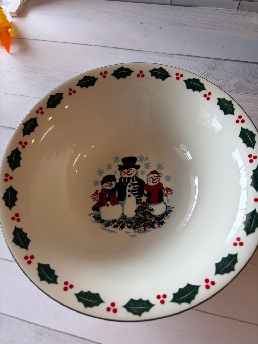 Festive Snowman Holiday Serving Bowl - White with Green Holly